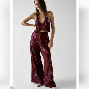 Free People Burgundy Mimi Embroidered Top and Wide Leg Pant Set